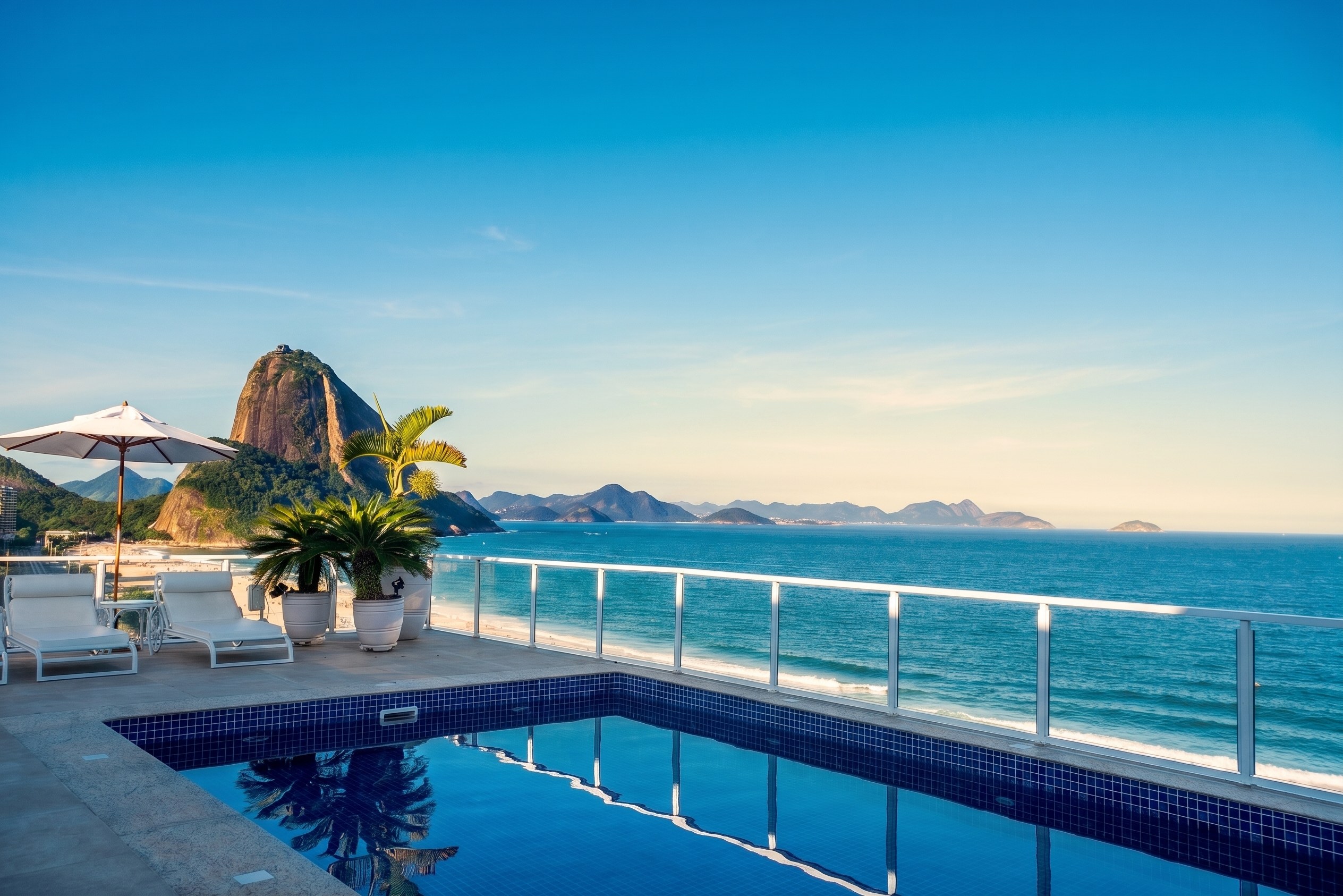 Piscina com vista frontal para o mar, cobertura AT0000 na Av. Atlântica